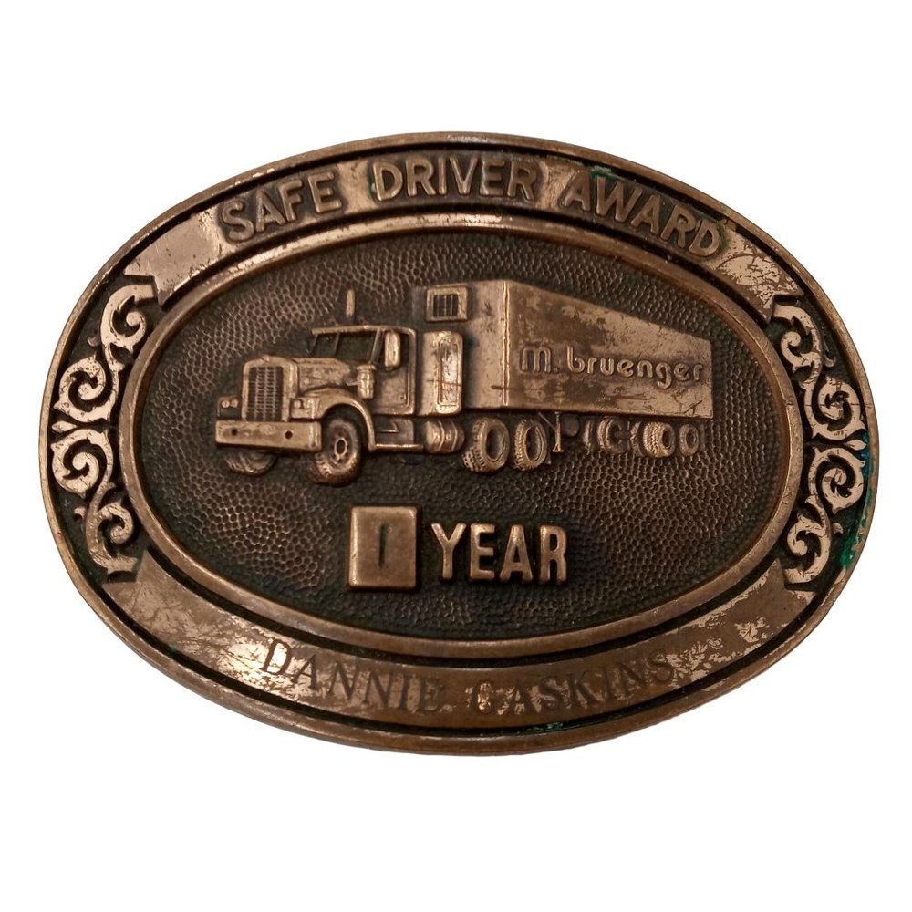 Safe Driver Belt Buckle Trucker Trophy Award M Bruenger 1 Year Vintage Western